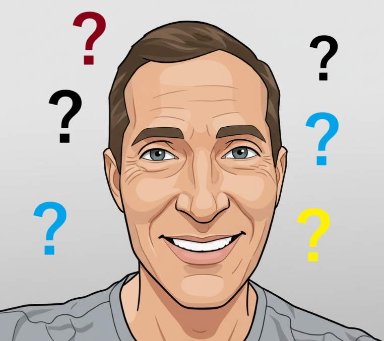 Man with question marks around head